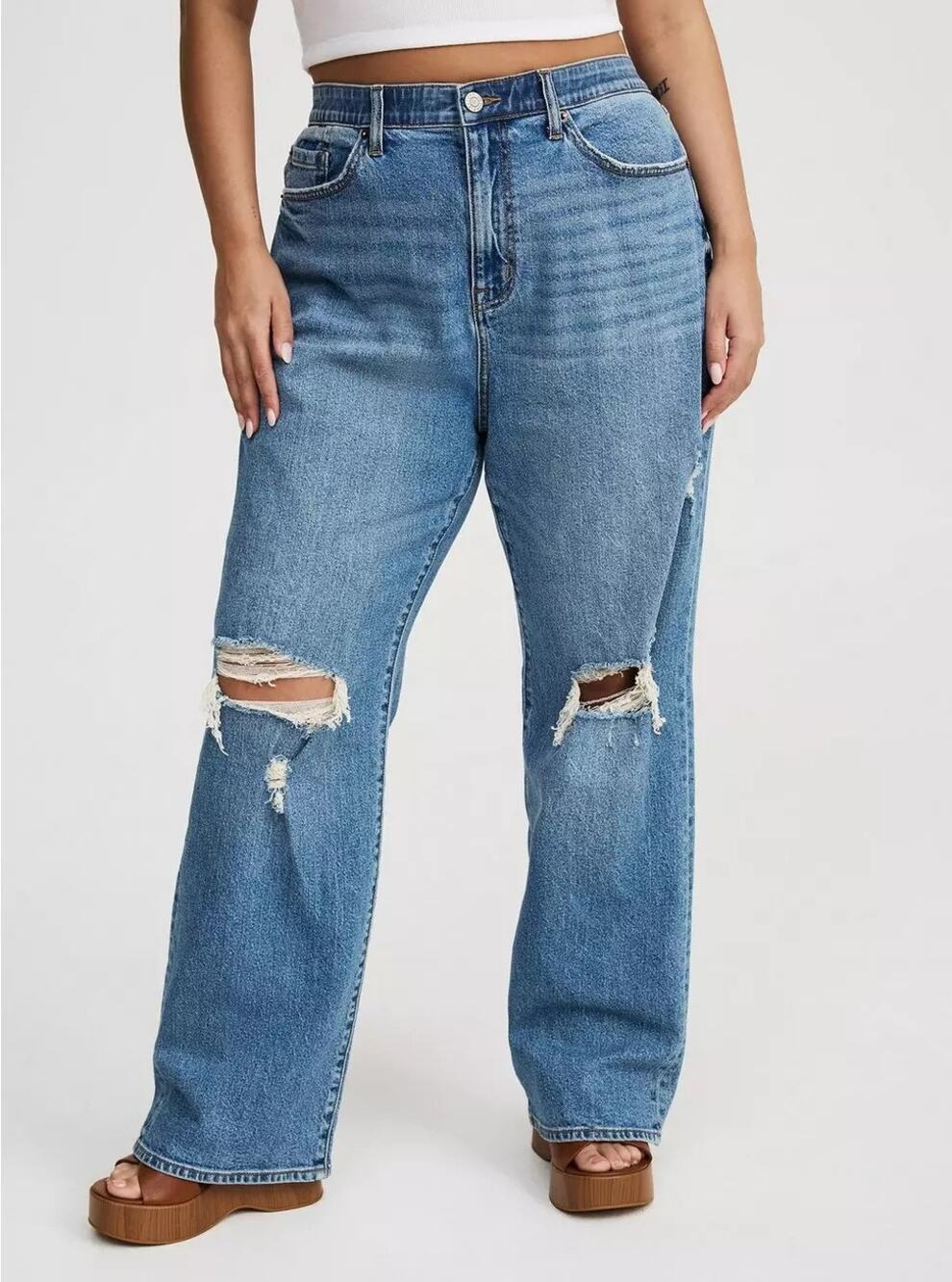 Torrid High-Rise Baggy Straight Classic Denim Jeans Distressed Medium Wash Zip